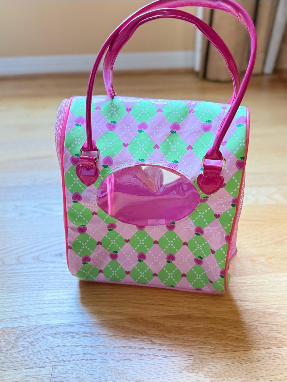 Pink & Green Heart Pattern toy pet carrier tote or purse. - Picture 2 of 7